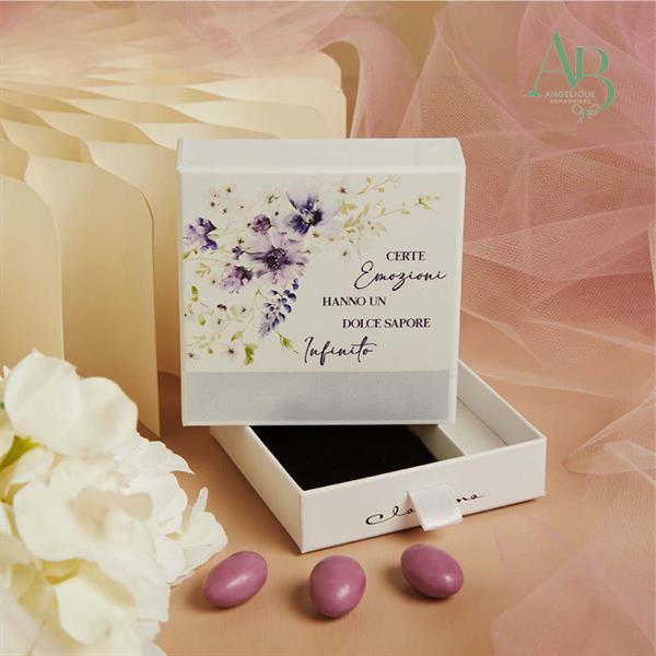 Scatola Claraluna per confettata fiori lilla 10x10x3 cm
