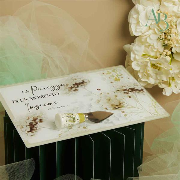 Tagliere Claraluna in vetro con coltellino decoro floreale verde 20x30 cm