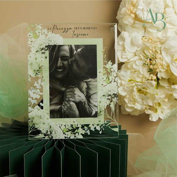 Portafoto Claraluna in vetro decoro floreale verde 18x23 cm