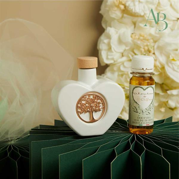 Oliera cuore Claraluna in porcellana con albero della vita oro rosa con olio