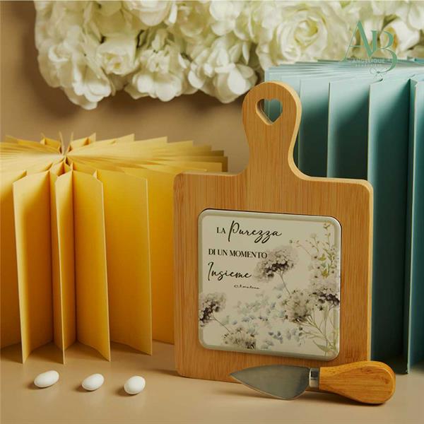 Tagliere bamboo Claraluna con foro e coltellino decoro floreale verde