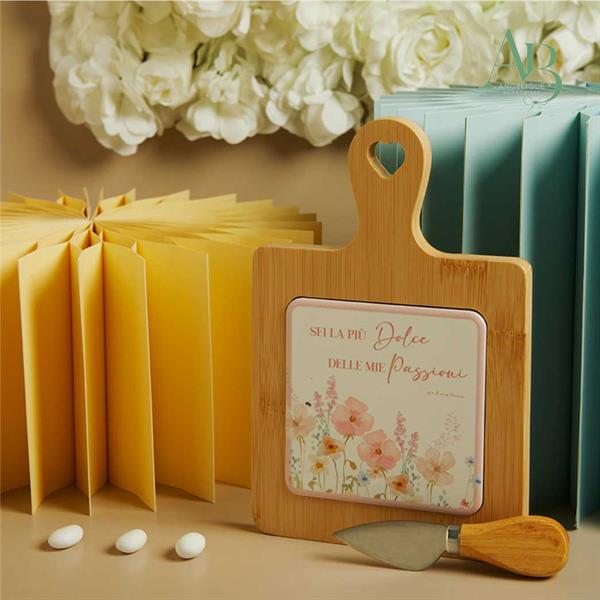 Tagliere bamboo Claraluna con coltellino decoro floreale rosa