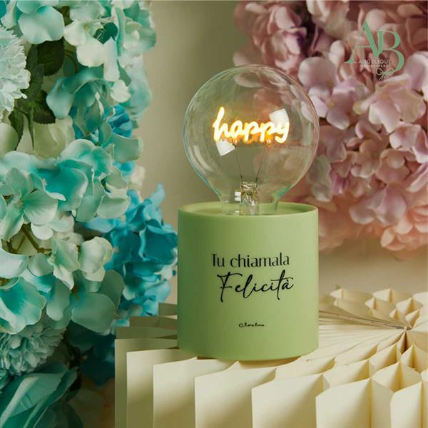 Lampada Claraluna colore verde con luce led e scritta happy