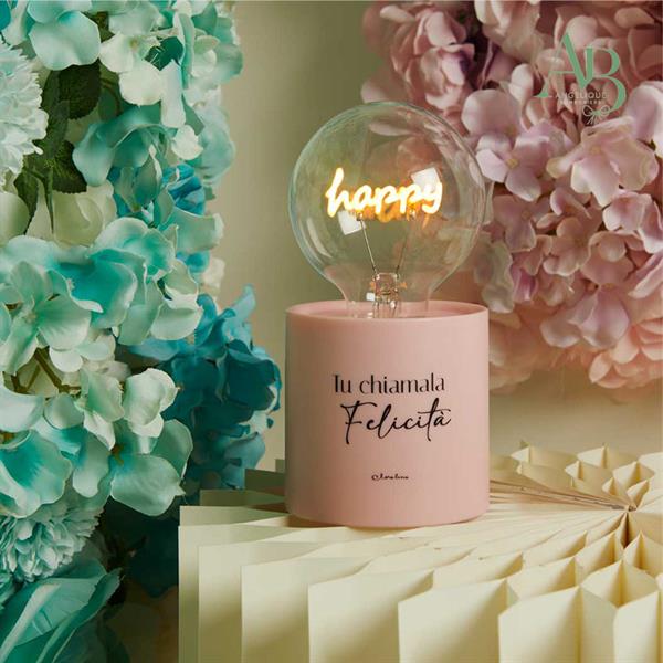 Lampada Claraluna colore rosa con luce led e scritta happy