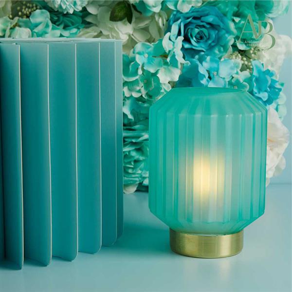 Lampada piccola Claraluna plissettata in vetro di colore azzurro