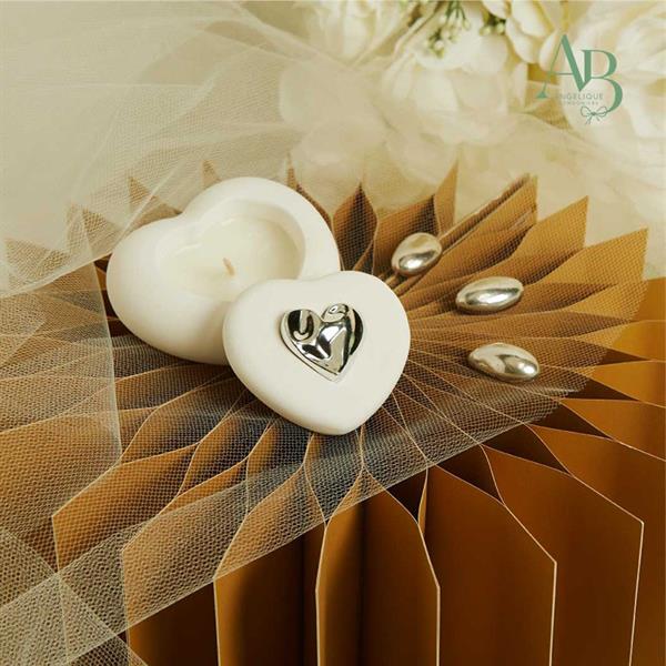Scatolina cuore Claraluna in gesso con candela e applicazione silver