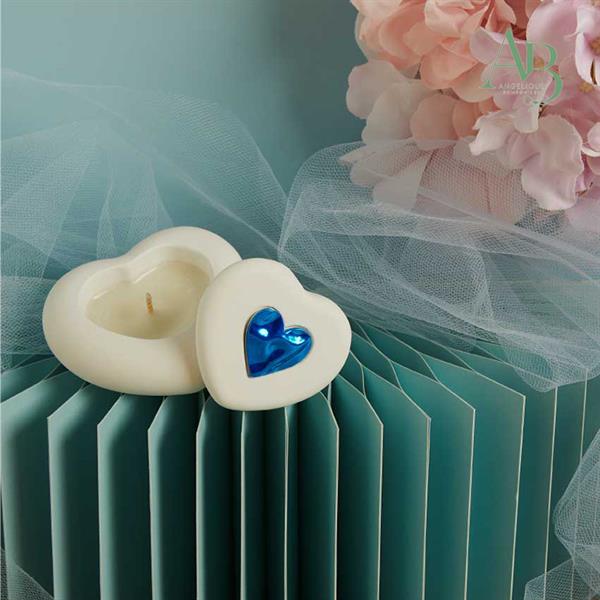 Scatolina cuore Claraluna in gesso con candela e applicazione azzurra