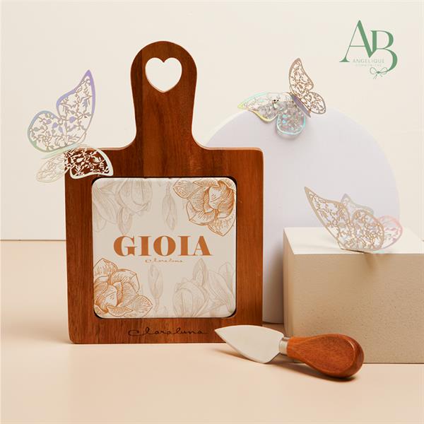 Tagliere Claraluna in legno acacia decoro Gioia in porcellana con coltellino