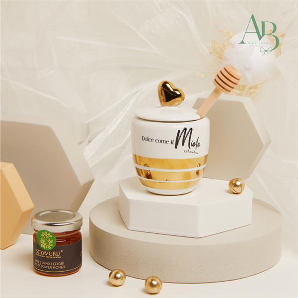 Portamiele Claraluna in porcellana con decoro gold con miele 40 grammi