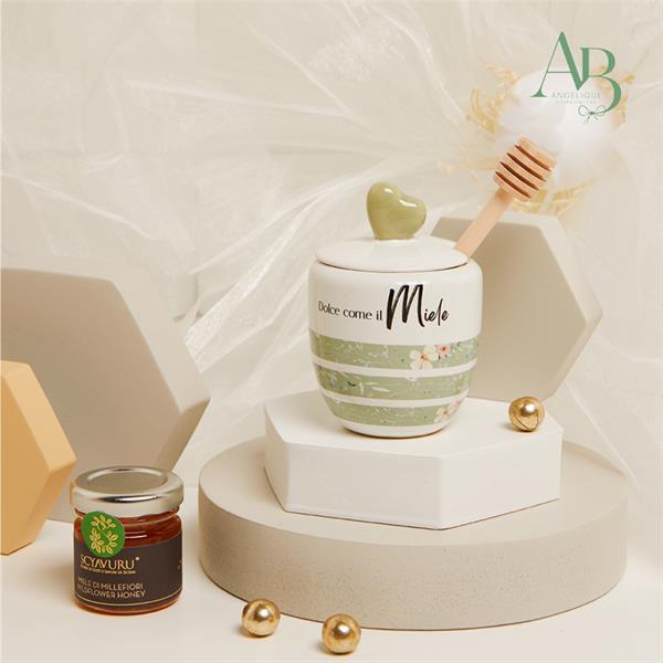 Portamiele Claraluna in porcellana con decoro verde con miele 40 grammi