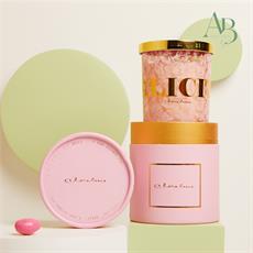 Candela Claraluna in vetro con decoro felicità profumazione patchouli peso cera 120 grammi