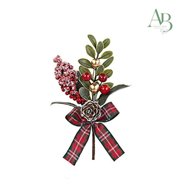 Pick Natalizio pigna con bacche rosse + fiocchi h.15 cm