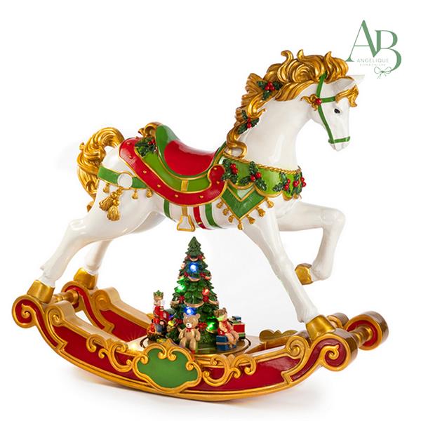 Cavallo a dondolo in resina decorazione natalizia h.54 cm con luci e movimenti musicali