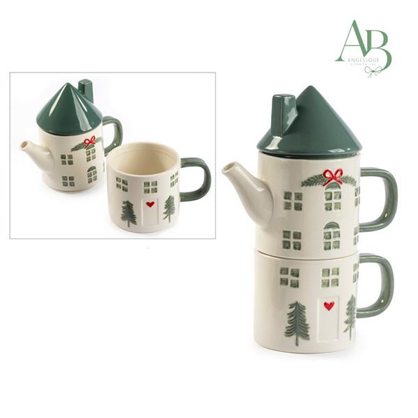 Set teiera-tazza-tappo decoro casetta natalizia con abeti in ceramica h.24 cm