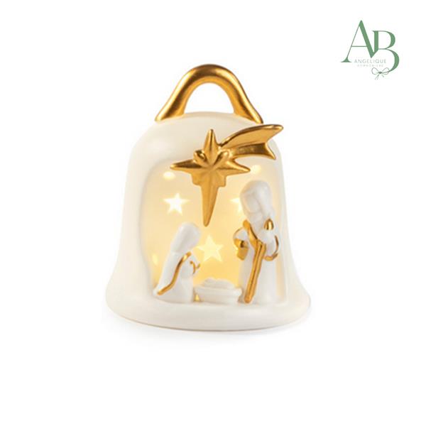 Gruppo natività stilizzata in campana in porcellana bianca e oro con luce led h.12,9 cm