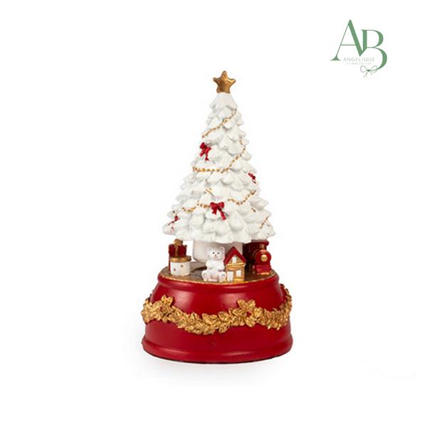 Carillon con albero di natale bianco con doni in resina con decorazioni rosse e oro h.18,3 cm