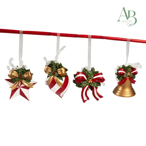 Appendini natalizi in resina con agrifoglio 4 soggetti assortiti 10,6 cm