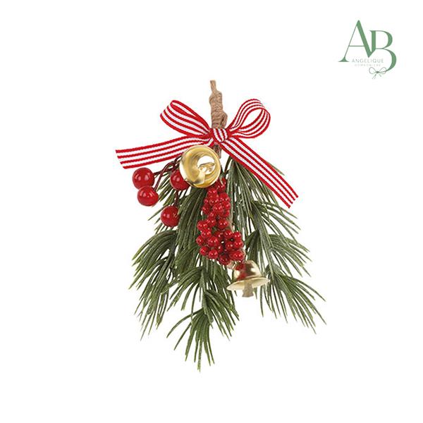 Pick natalizio con fiocco a righe e bacche h.13cm