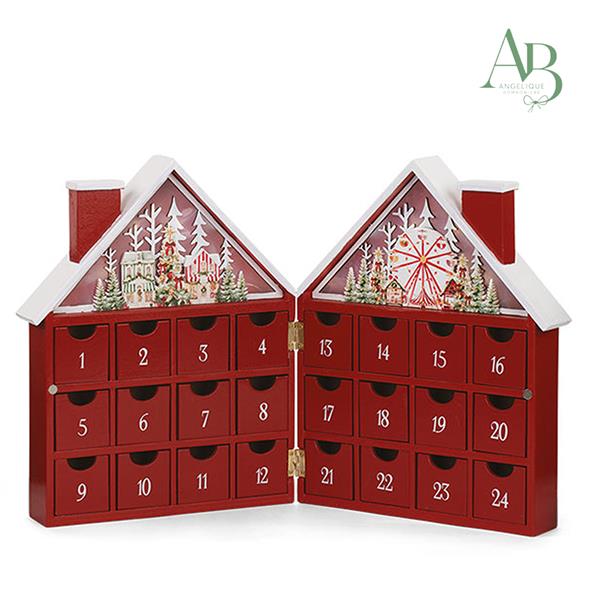 Calendario dell'avvento a forma di casetta rossa con led 48x4xh.30cm