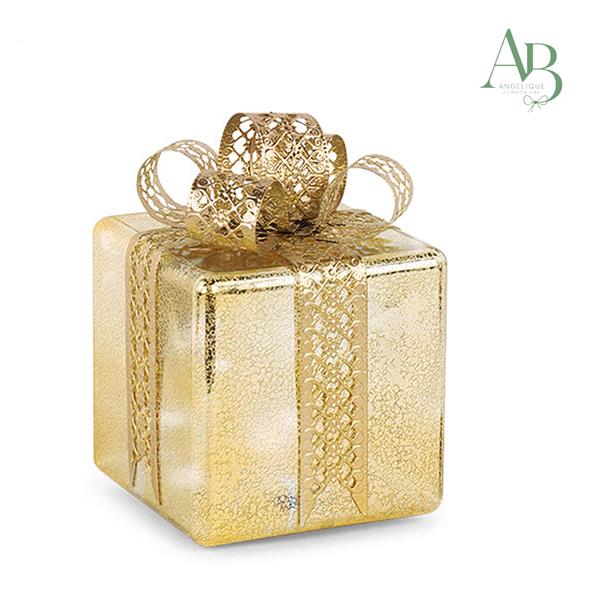 Pacco regalo natalizio in vetro colore oro con luce led 14,5x14,5xh.20cm