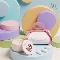 Scatola Claraluna in gesso diametro 6x4 cm con cuore rosa e candela completa di porta confetti e scatola botanica rosa