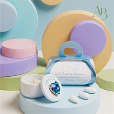 Scatolina Claraluna in gesso 6x4 cm con cuore azzurro e candela. Scatola botanica azzurra
